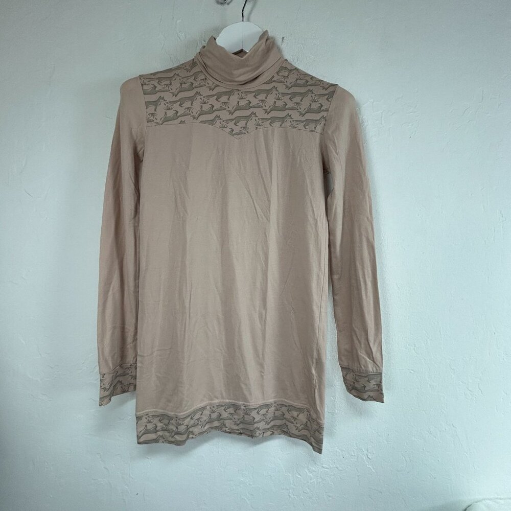 Synergy Womens Organic Cotton Deer Print Turtleneck Long Sleeve Top Small Beige